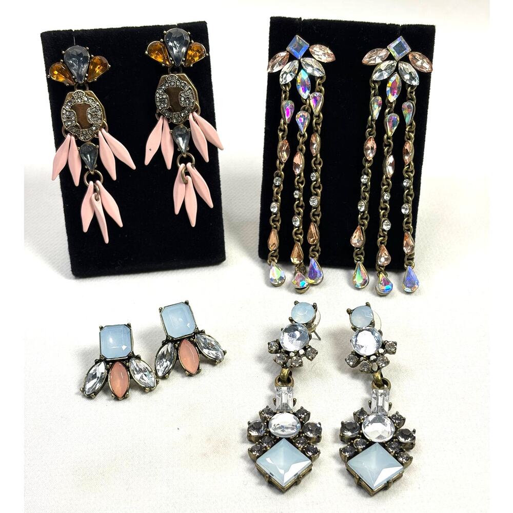 Statement Earrings Lot of 4 Pairs Chunky Rhinestones Pink Blue Dangle Drop